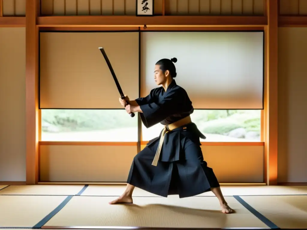 Un dojo sereno con arquitectura japonesa tradicional, iluminado por luz natural suave a través de pantallas shoji