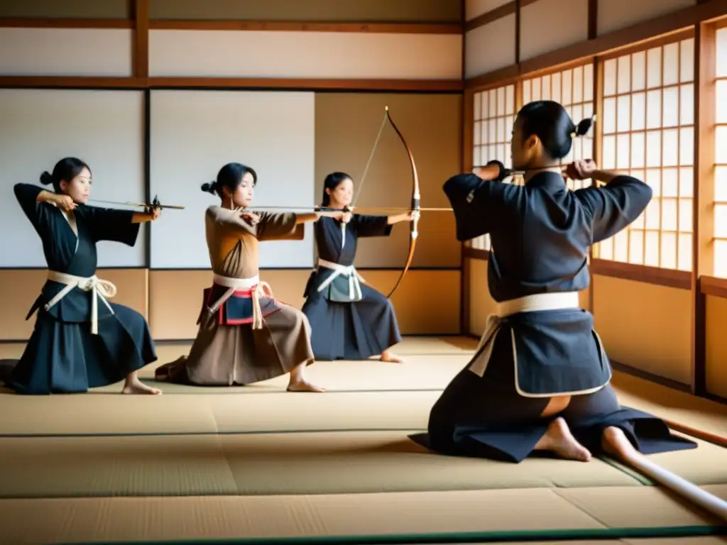 Un dojo sereno iluminado naturalmente donde practican Kyudo con precisión