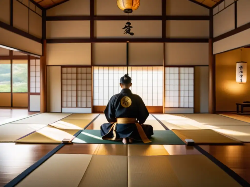 Un dojo sereno iluminado por la suave luz natural, con un artista marcial meditando en traje samurai