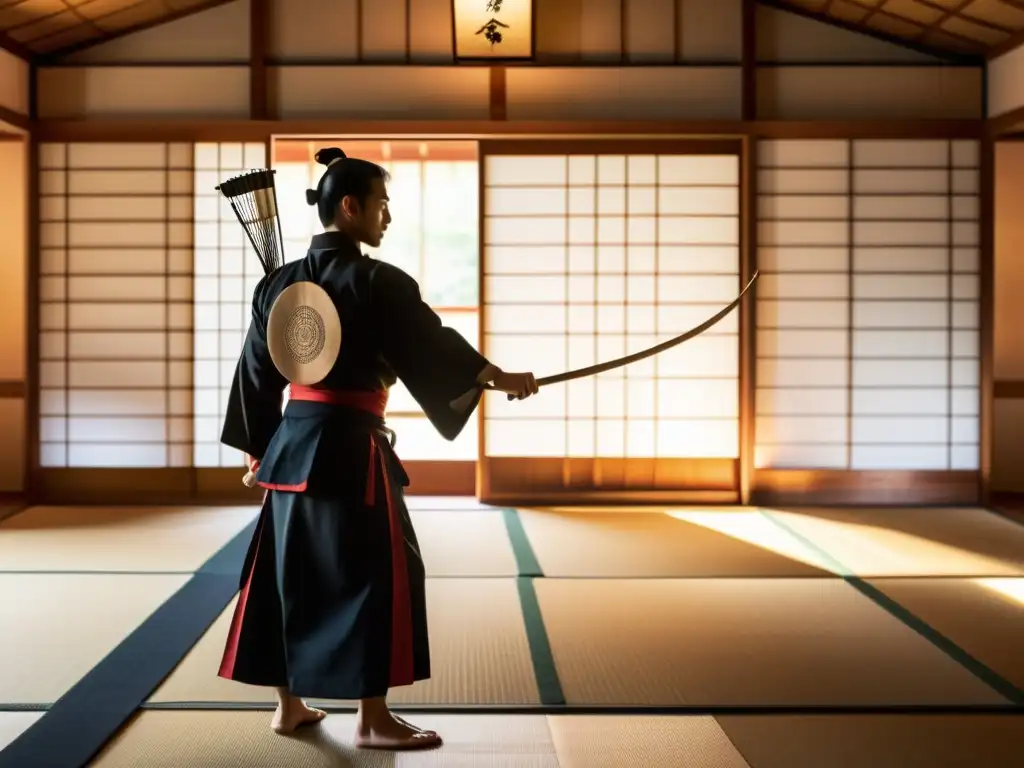 Un dojo sereno con luz natural suave filtrándose a través de las pantallas shoji, creando sombras delicadas en el suelo de madera pulida