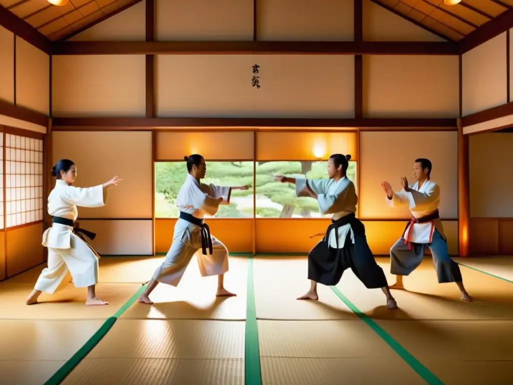 Un dojo sereno con practicantes de Aikido y capoeira brasileña en un intercambio cultural