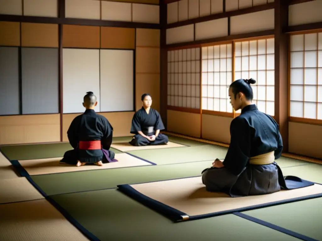 Un dojo sereno con practicantes de Iaido en meditación, listos para la práctica