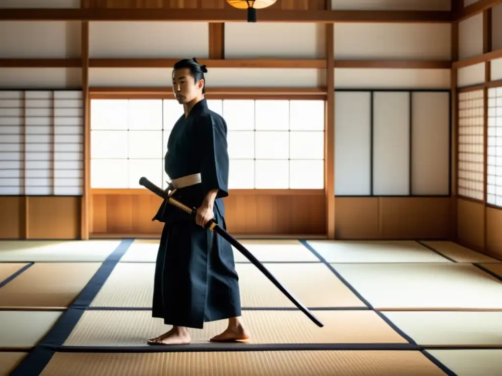 Un dojo tradicional con una estética serena y minimalista, practicantes de Iaido samurái en gi blanco, un sensei con aura de maestría