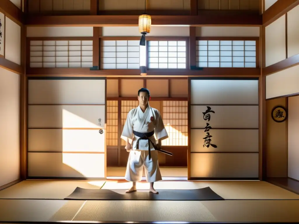 Un dojo tradicional japonés con armas de entrenamiento de madera ordenadas, luz solar y un sensei demostrando naginatajutsu a estudiantes concentrados en atuendo tradicional