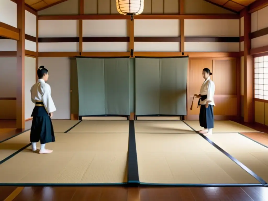 Un dojo tradicional japonés con estudiantes practicando Naginatajutsu bajo la guía de un sensei