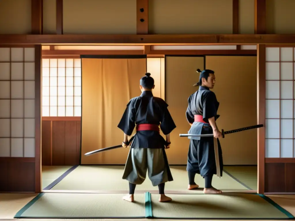 Un dojo tradicional japonés iluminado por luz natural, con samuráis practicando katanas, reflejando la influencia de Yagyu Munenori en el Shogunato