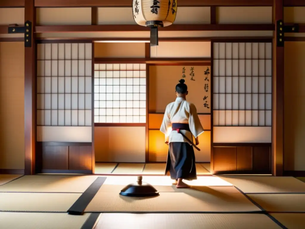 Un dojo tradicional japonés con un sable samurái en el centro, principios samurai en defensa personal