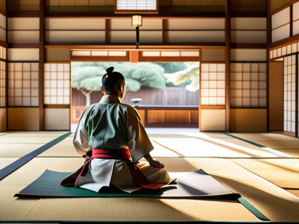 Un dojo tradicional japonés, con samuráis entrenando y un sentido de historia y tradición