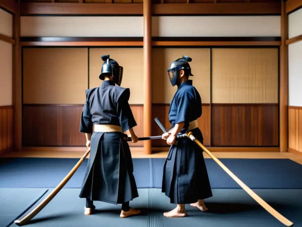 Un dojo tradicional de Kendo con espadas de entrenamiento alineadas y practicantes dedicados en movimiento