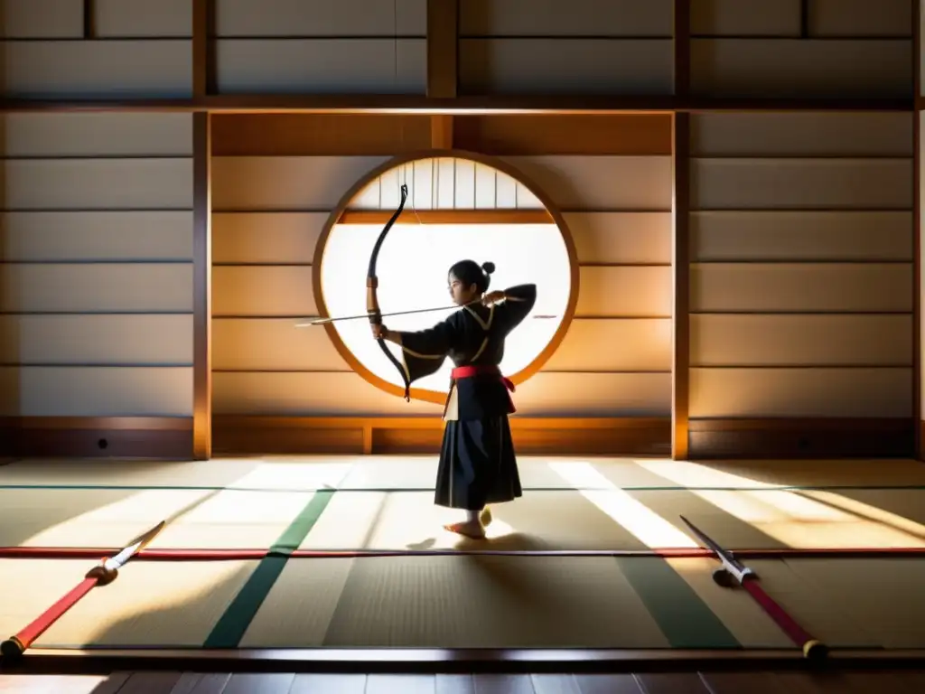 Un dojo tradicional de kyudo en Japón, con un arquero maestro en plena acción