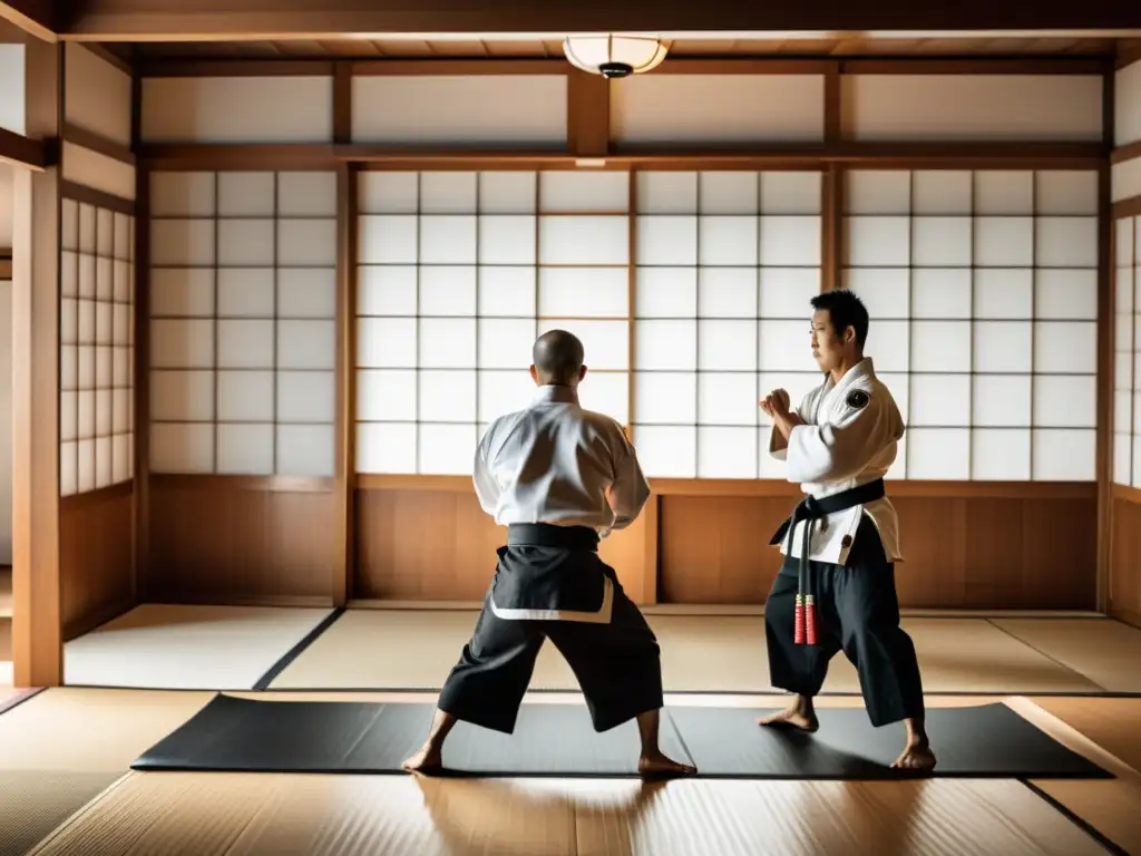 Un dojo tradicional con practicantes concentrados en entrenamiento