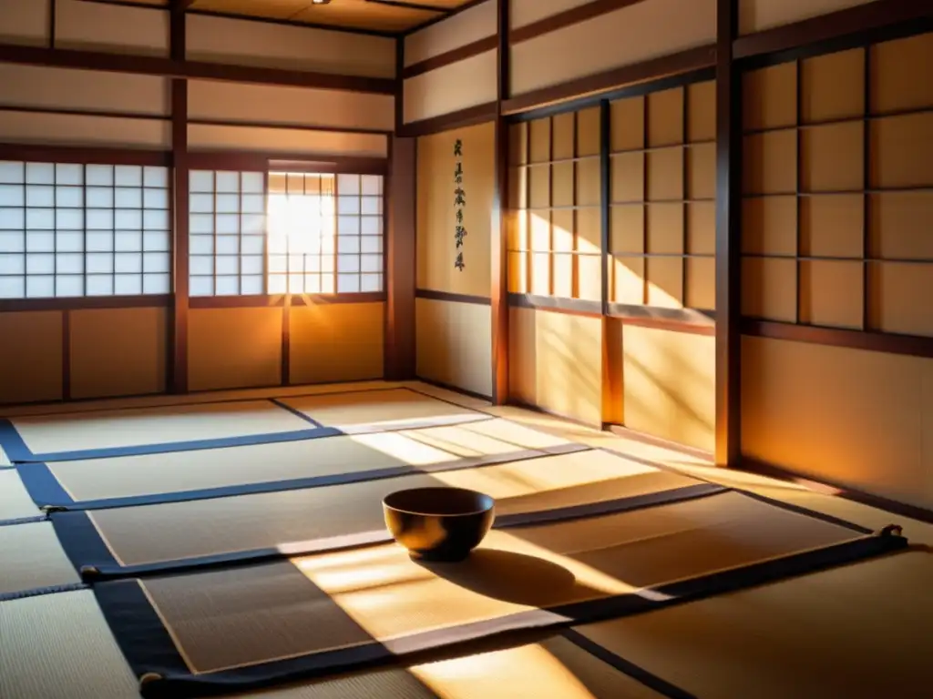 Un dojo tradicional de samuráis con equipo de entrenamiento y una espada en un ambiente de disciplina