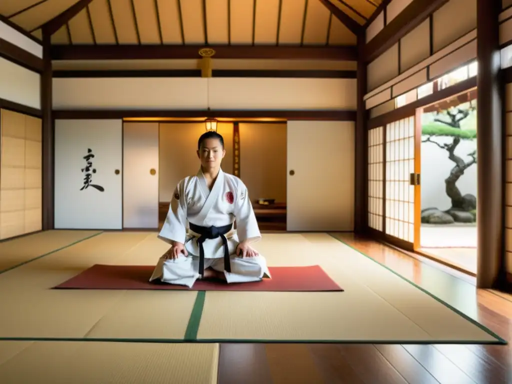 Un dojo tranquilo y luminoso donde un maestro en gi blanco enseña a estudiantes concentrados