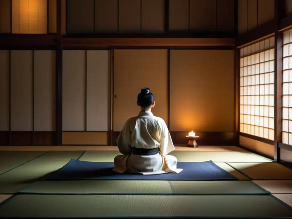 Un dojo tranquilo con un meditador en postura de loto, rodeado de simbolismo samurái y zen