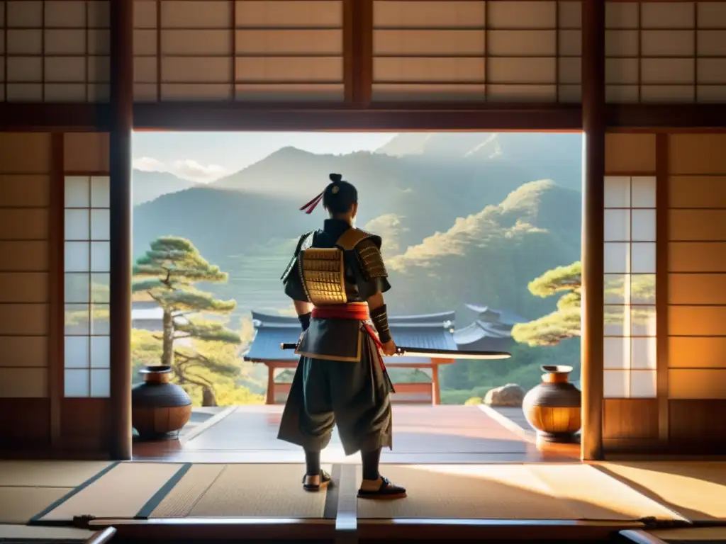 Samurai en dojo montañés al amanecer Un dojo tranquilo y pintoresco en las montañas, con la suave luz matutina iluminando la estructura de madera