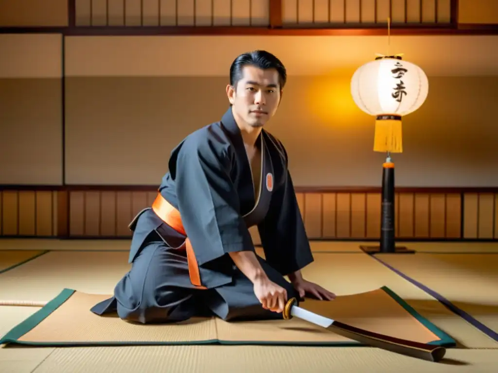 En el dojo, la relación maestro-aprendiz cultura samurái cobra vida con el sensei y su estudiante en un ambiente sereno y respetuoso