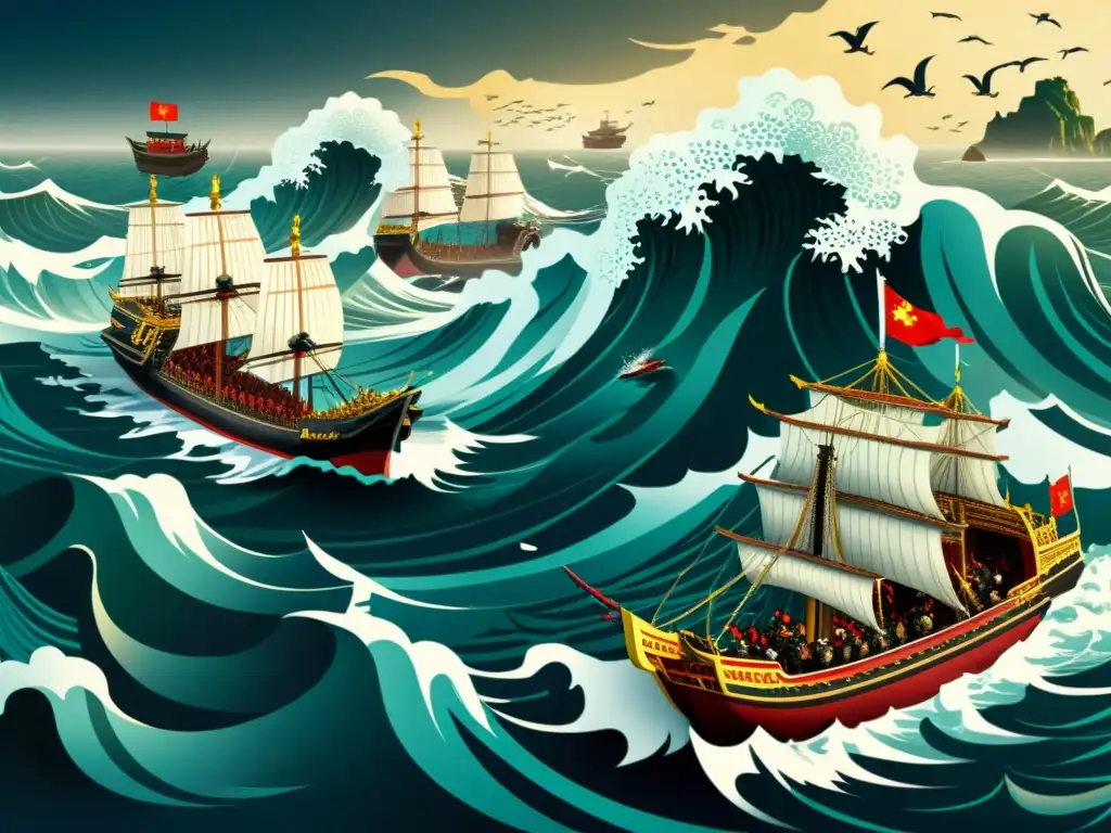 Ilustración dramática de una feroz batalla naval entre piratas Wokou y dinastías chinas, con detalles de armadura samurái y barcos chinos