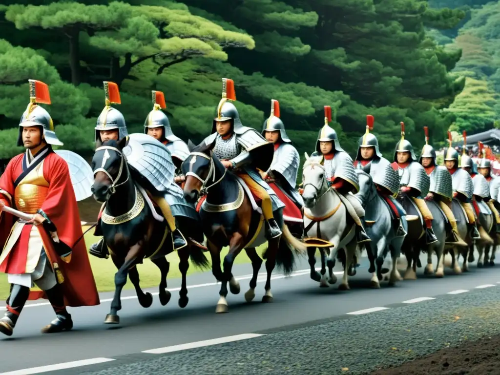 Dramática reconstitución del Hakone Daimyo Gyoretsu con samuráis en armadura tradicional y daimyo a caballo, en paisaje verde