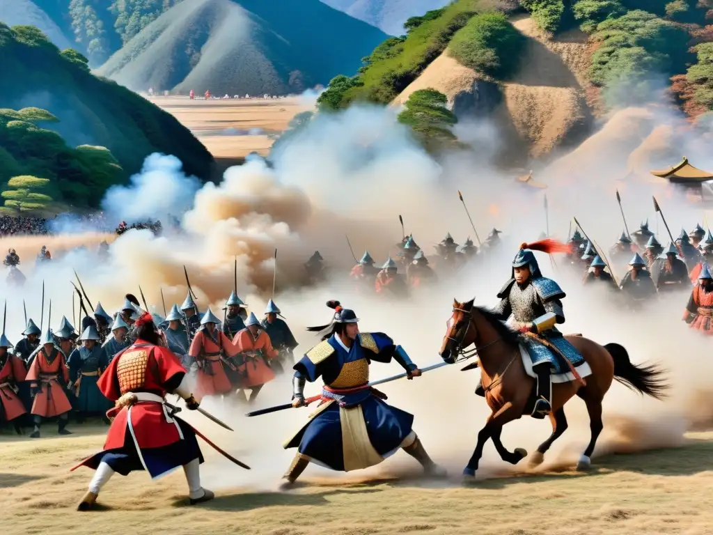 Recreación dramática de la legendaria rivalidad Uesugi Kenshin Takeda Shingen, con batalla en el paisaje montañoso de Kai