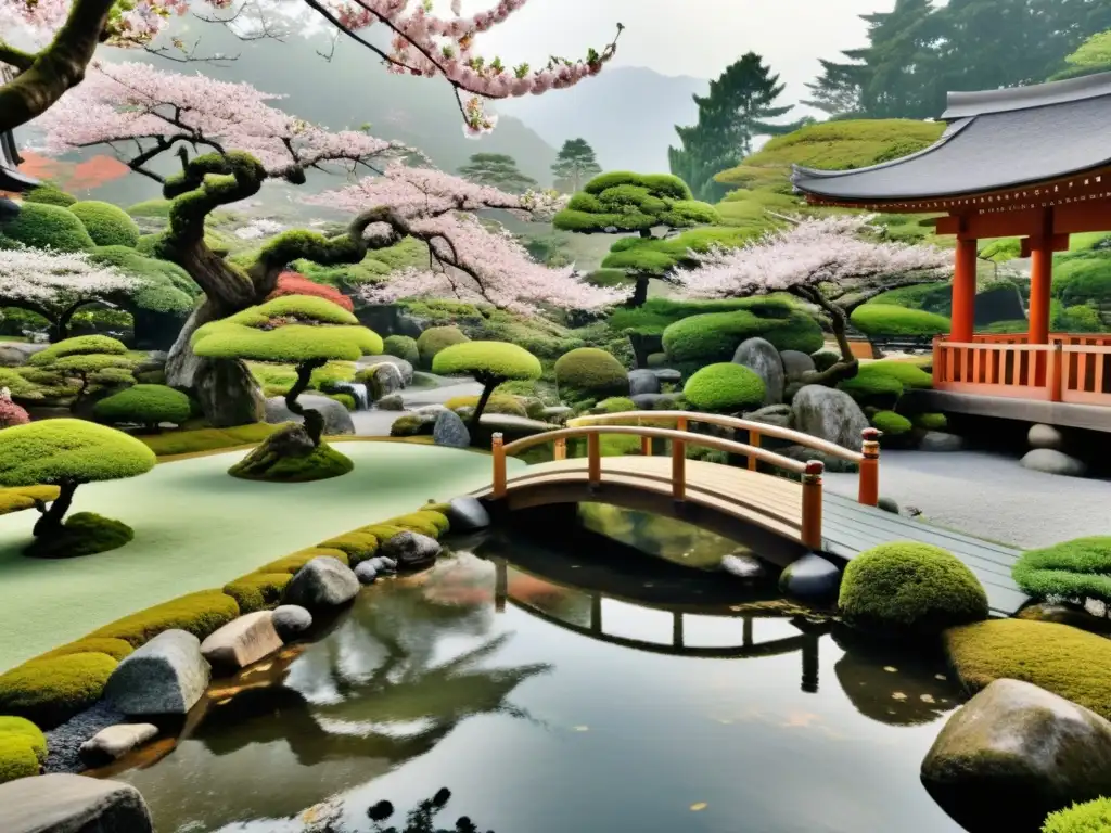 Dualidad samurái en diseño de jardines: Imagen 8k de un jardín japonés tradicional con samuráis combatiendo y belleza serena