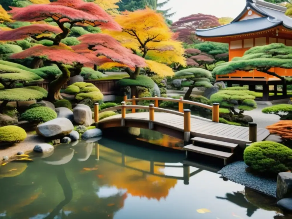 Dualidad samurái en diseño de jardines japoneses: tranquilo paisaje con koi, árboles podados y teahouse entre follaje otoñal