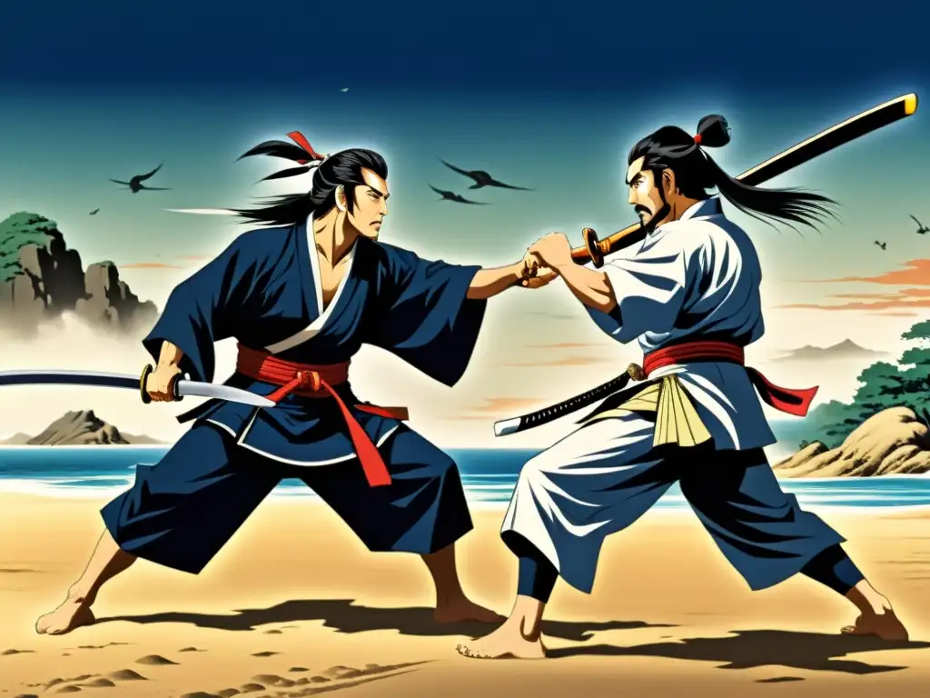 Duelo épico de samuráis en Ganryū Island: Musashi vs Duelo épico entre Musashi y Kojirō en la isla Ganryū