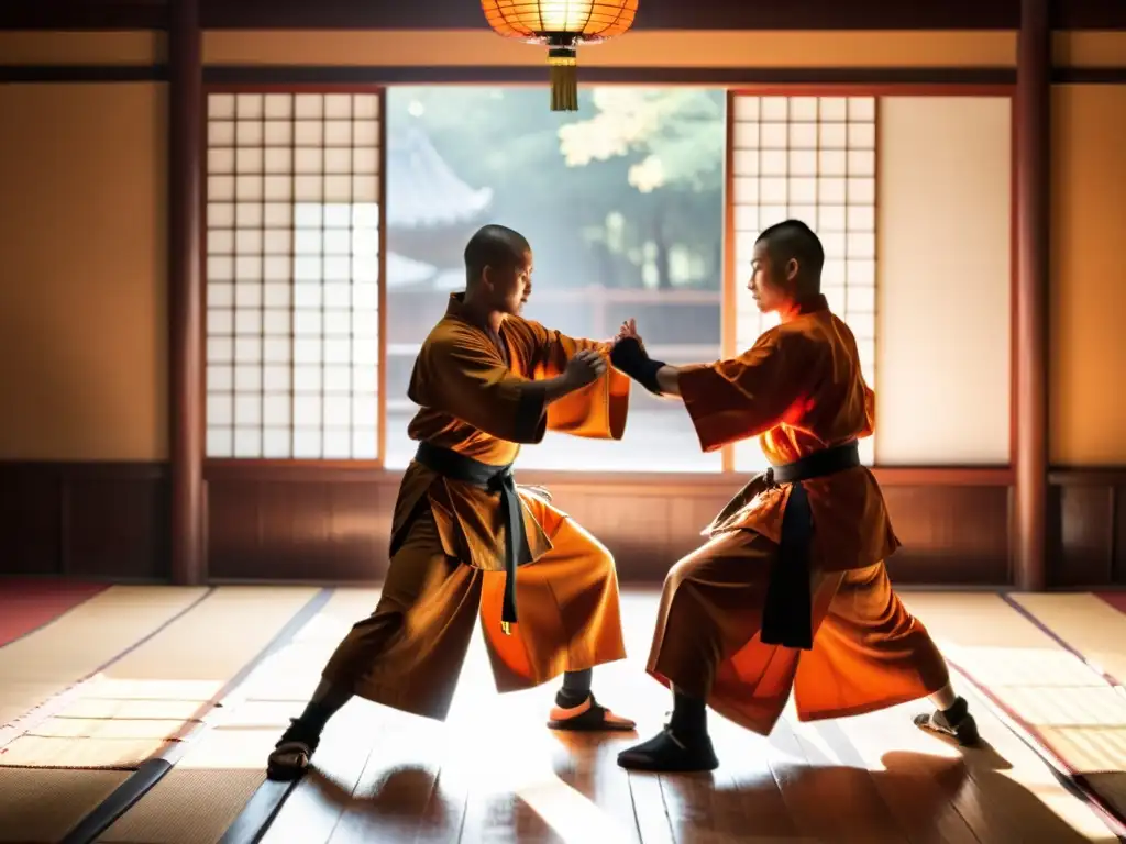 Un duelo respetuoso entre un monje shaolín y un samurái en un dojo tradicional, reflejando el código de conducta del Bushido y Shaolin