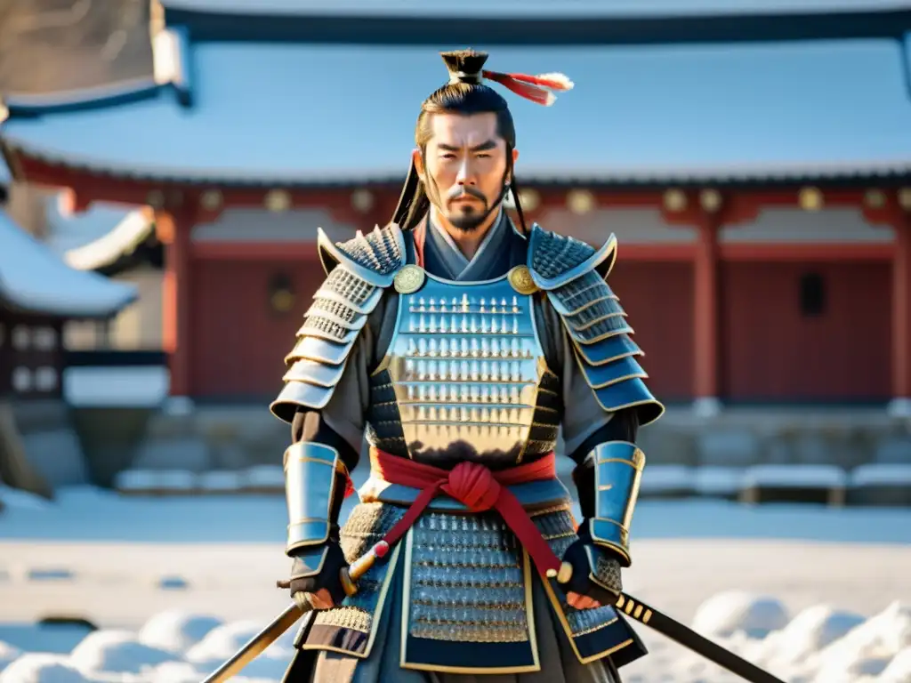 Los 47 Ronin: Determinación y Honor en Ako Castle Duelos samuráis históricos honor: Los 47 Ronin en solemnidad, con armaduras relucientes, expresando determinación y honor en Ako Castle
