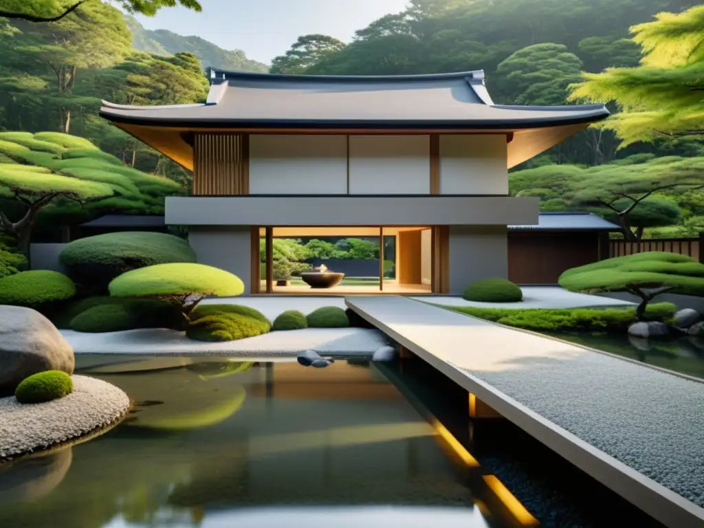 Edificio moderno y elegante con influencias de la arquitectura samurái, rodeado de un jardín zen tranquilo y meticuloso