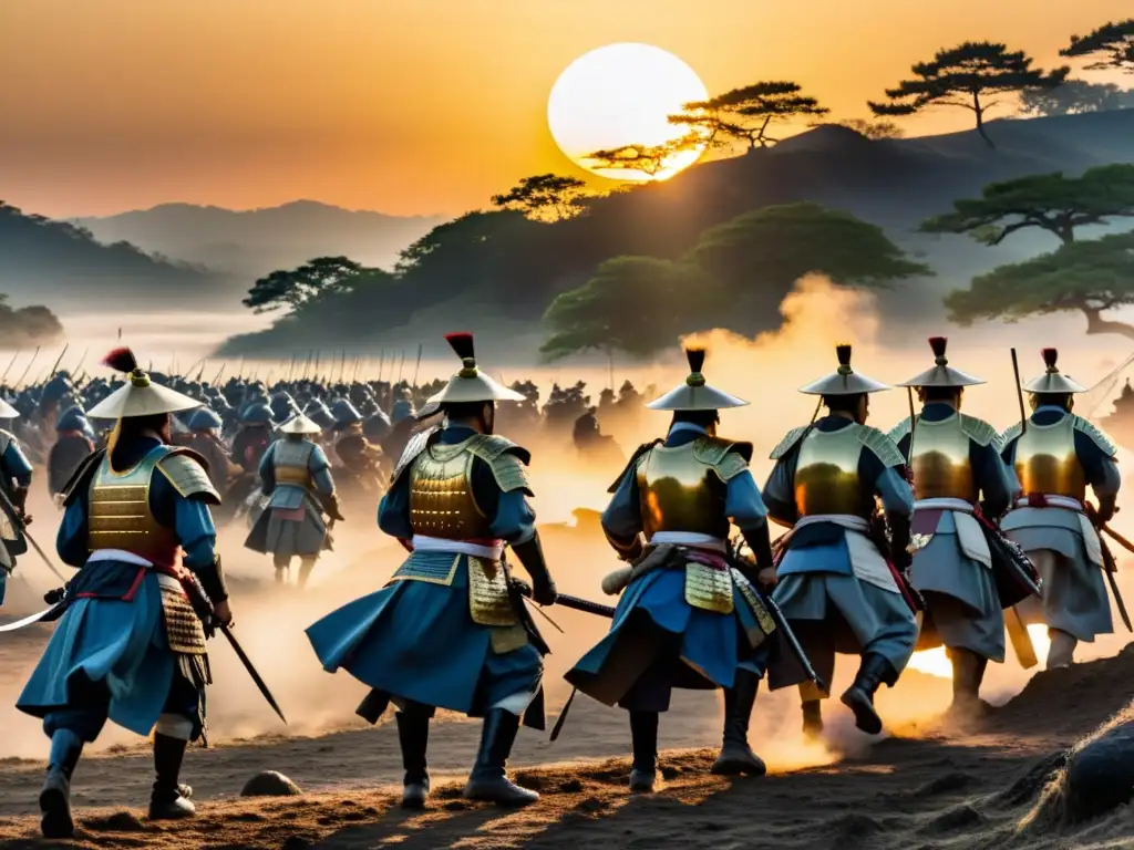 Un ejército de samuráis se prepara para la batalla al atardecer, con el sol dorado iluminando el campo de batalla