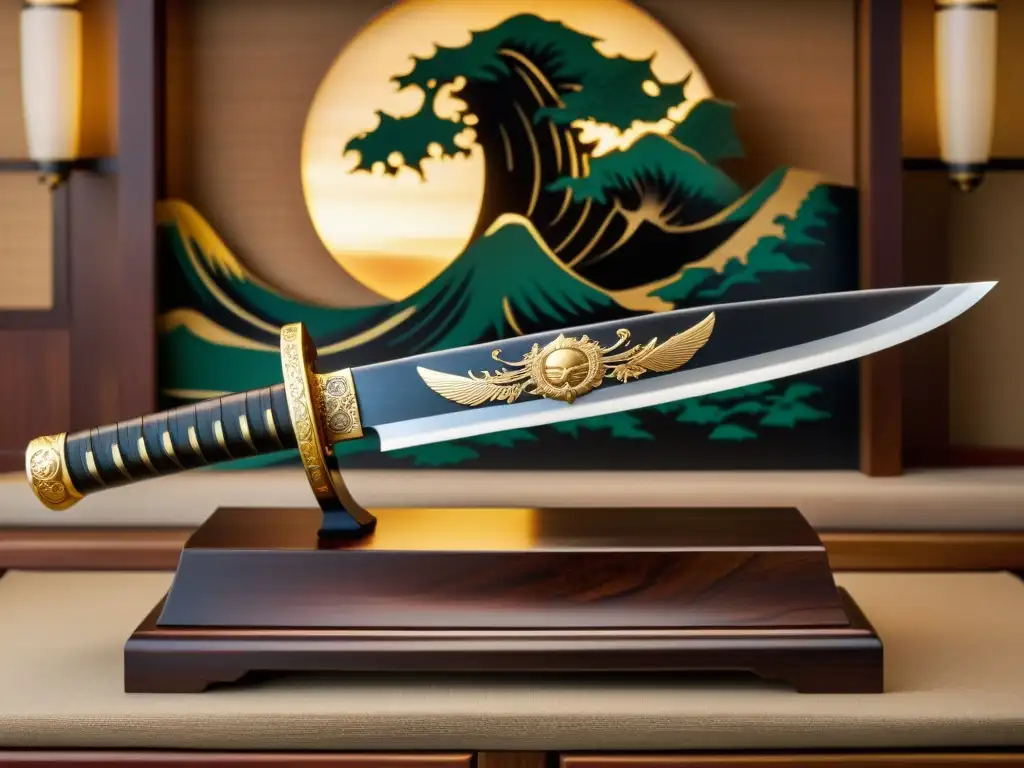 Una elaborada katana samurái en exhibición, decorada con detalles ornamentales en un ambiente japonés tradicional