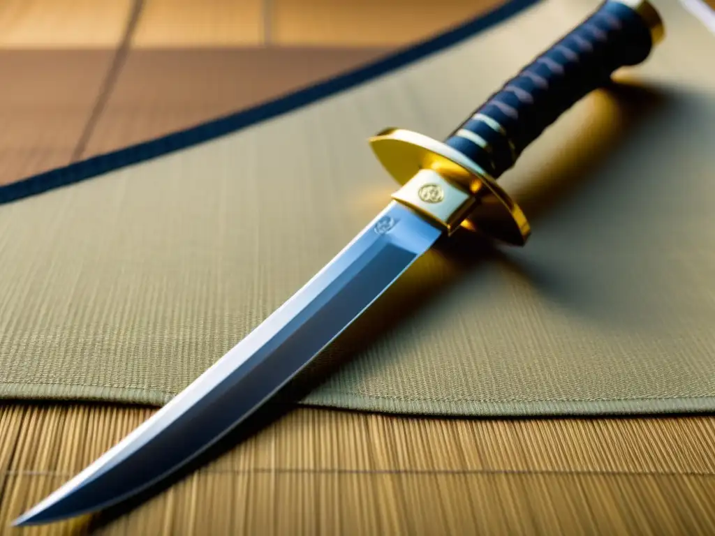 Una Wakizashi finamente elaborada reposa sobre un tatami japonés, reflejando la luz suave