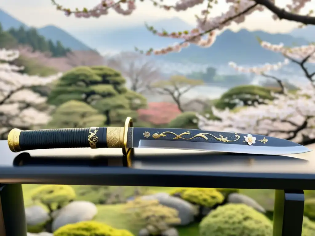 Un wakizashi bellamente elaborado con grabados japoneses tradicionales, expuesto en un jardín japonés sereno con cerezos en flor y montañas neblinosas