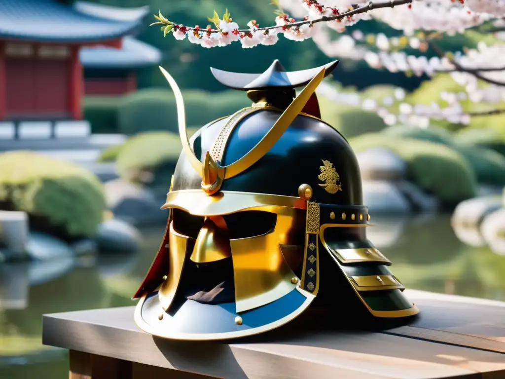 Un kabuto samurái artísticamente elaborado se destaca en un jardín japonés sereno con cerezos en flor