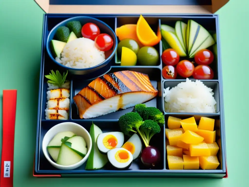 Un elegante bento japonés con una variedad de alimentos coloridos y nutritivos que reflejan la dieta samurái para bienestar