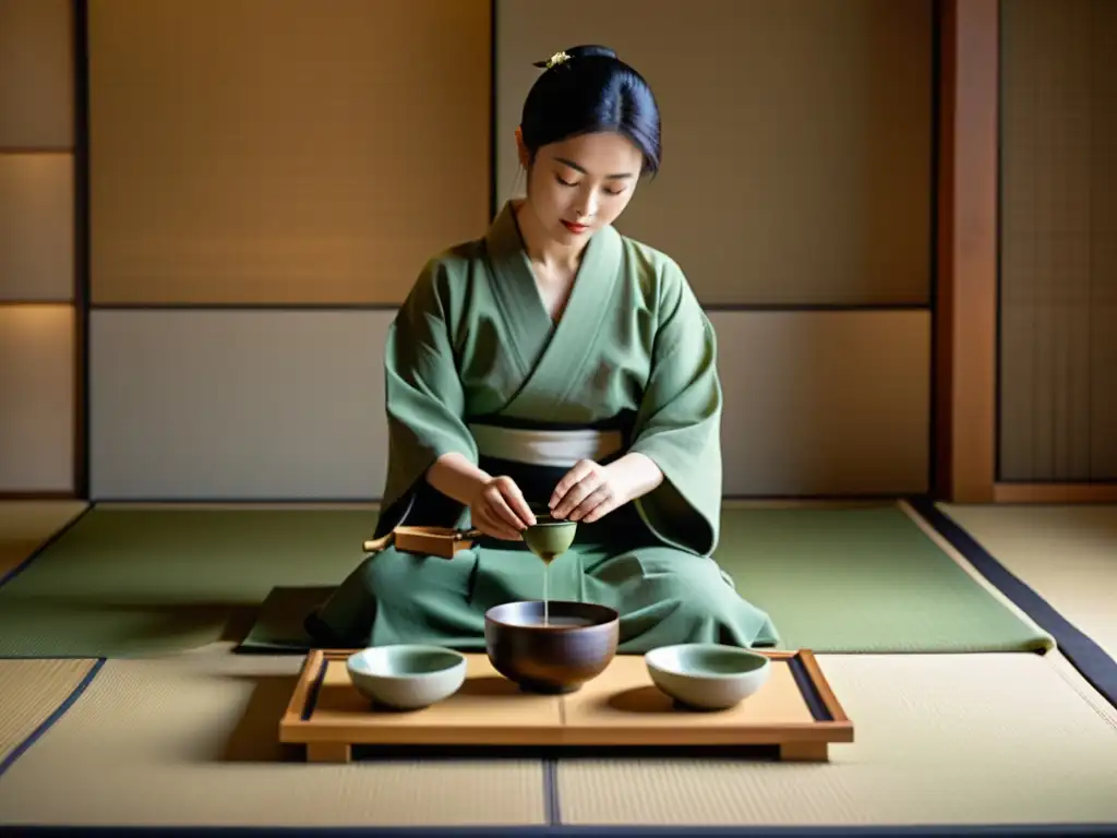 Una elegante ceremonia del té japonés en una habitación minimalista con una red de apoyo detrás de la élite samurái