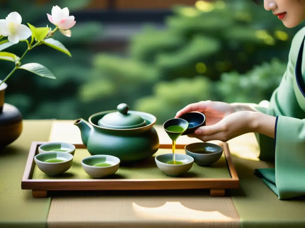 Una elegante ceremonia del té japonés en un jardín sereno, con una anfitriona en kimono sirviendo matcha