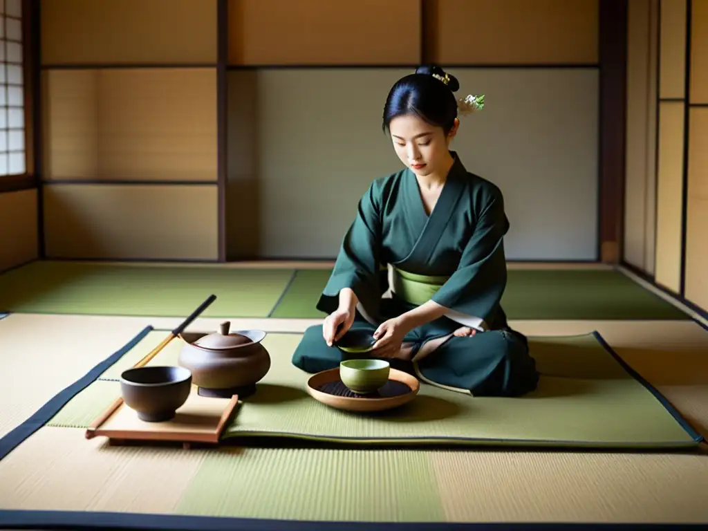 Una elegante ceremonia del té japonés en una sala de tatamis, con un enfoque en el maestro preparando matcha