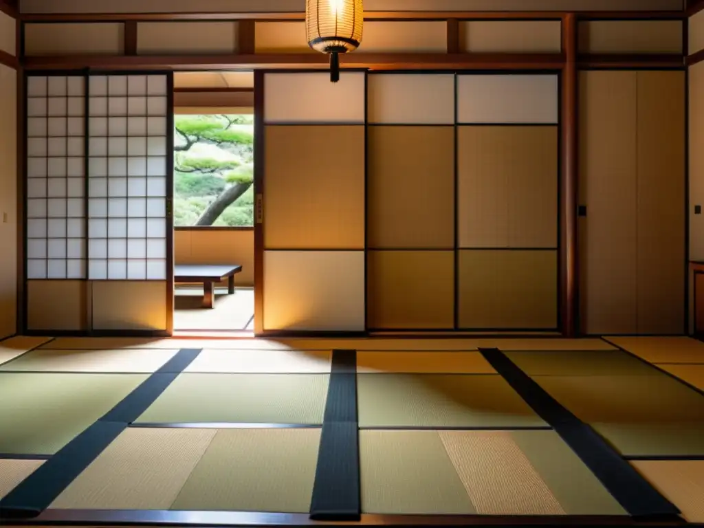 Una elegante habitación japonesa con katanas en exhibición, bañada en luz natural