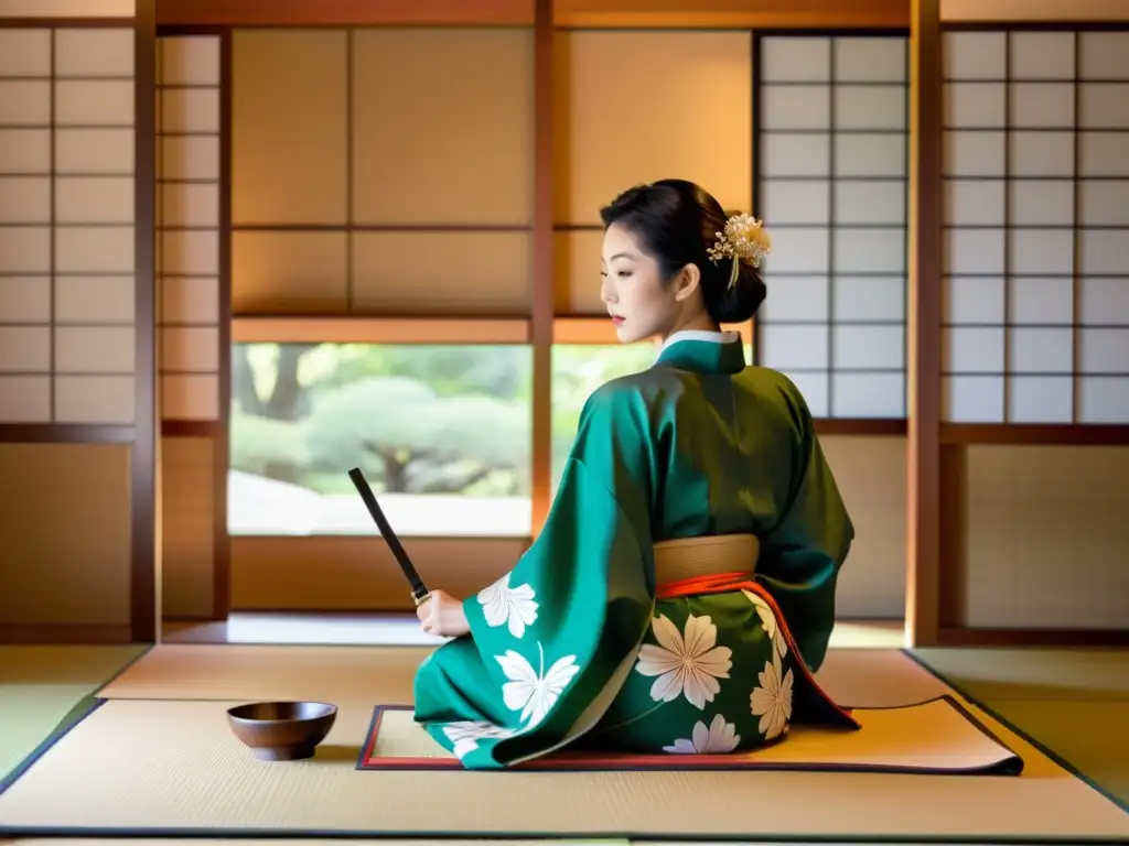 La elegante mujer japonesa arregla ikebana mientras el samurái practica con katana, mostrando las relaciones conyugales en la cultura samurái