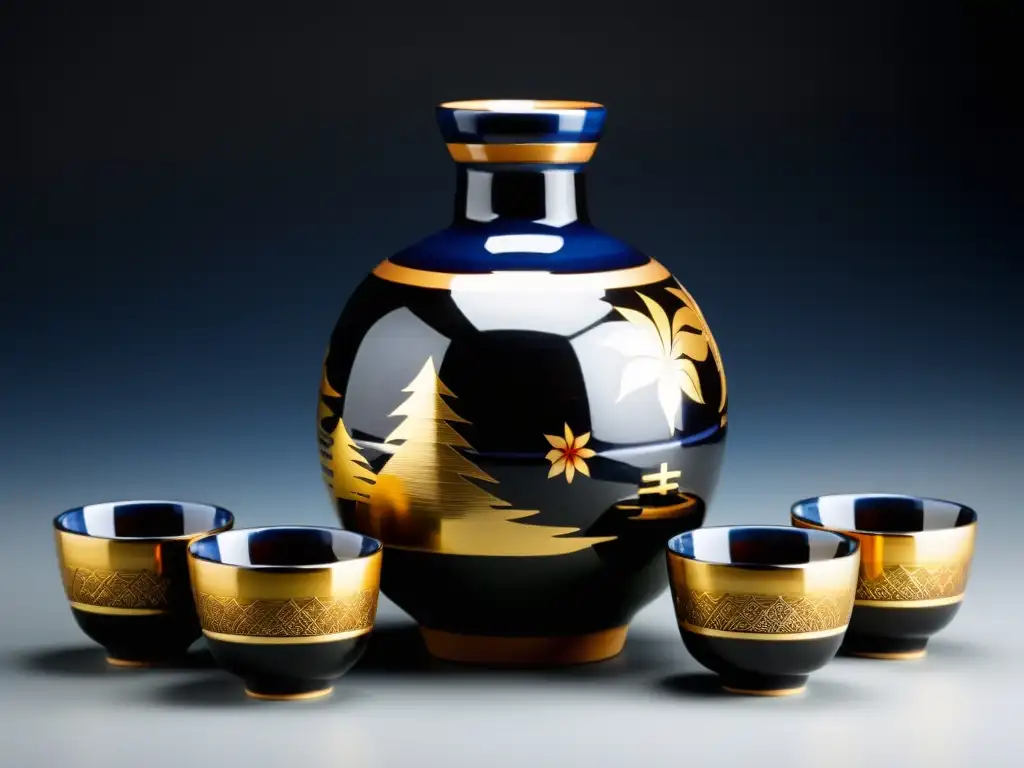 Un elegante set de sake japonés con motivos samurái, resaltando la ceremonia y la tradición del sake en la cultura samurái