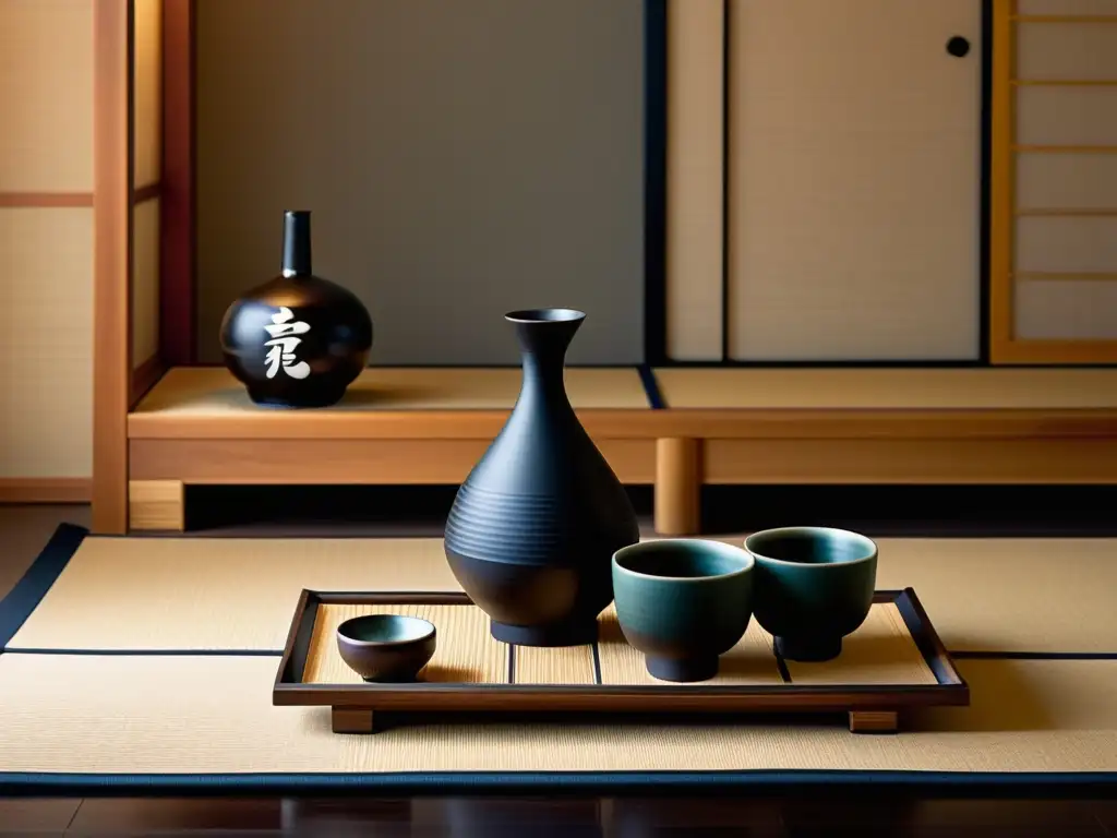 Un elegante set de sake en un tatami japonés, destacando la ceremonialidad y elegancia moderna de los sake sets ceremonia samurái