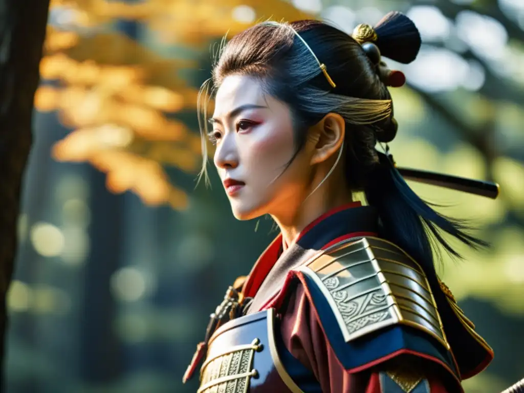 Tomoe Gozen, guerrera samurái de Japón feudal, emana fuerza y confianza con su katana, armadura y determinación en el bosque soleado