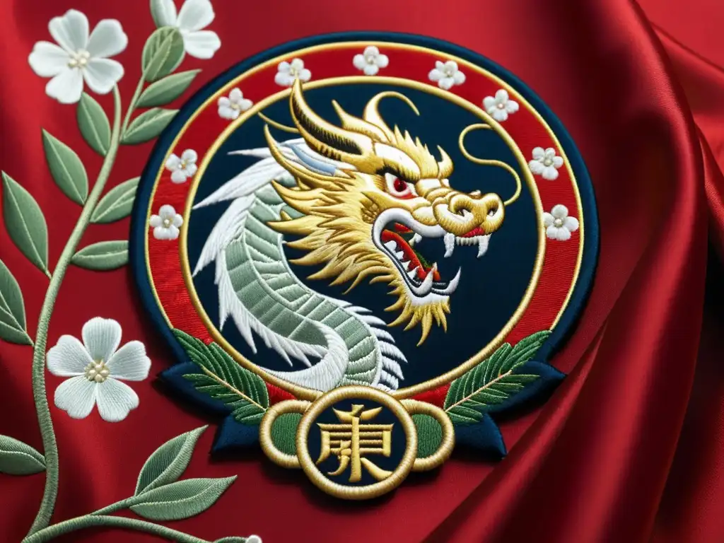 Emblema samurái clan: dragón y flor de cerezo en seda roja, símbolos de fuerza y belleza efímera