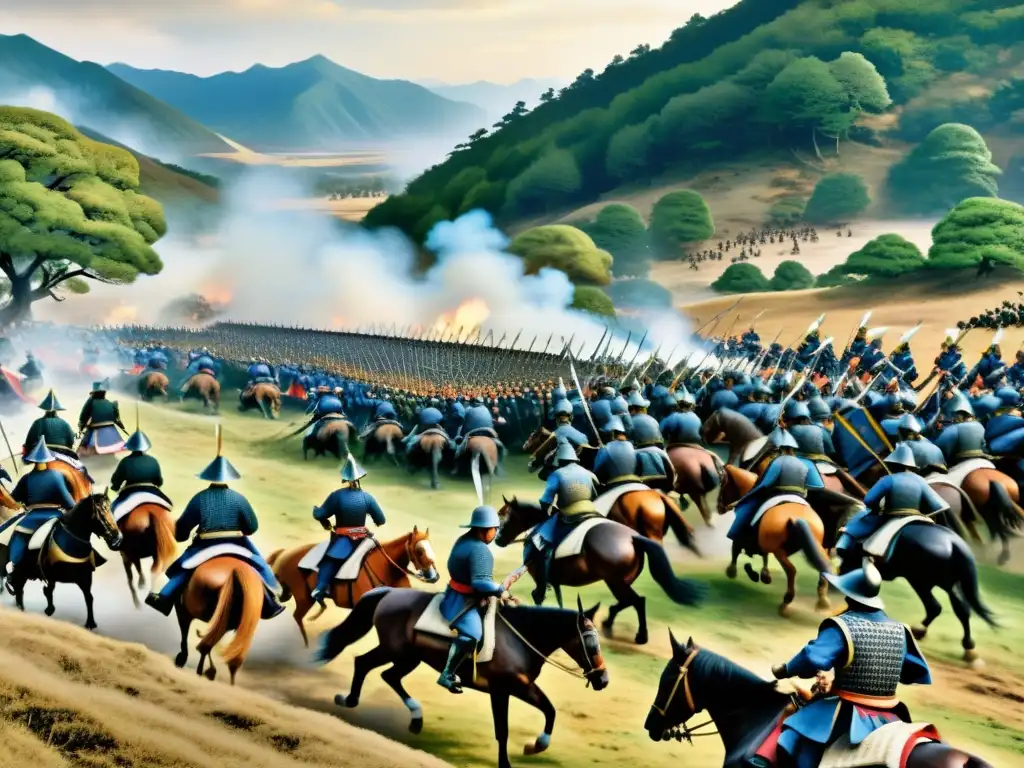 Emocionante ilustración de la Batalla de Sekigahara, muestra el caos y la ferocidad de los samuráis en combate