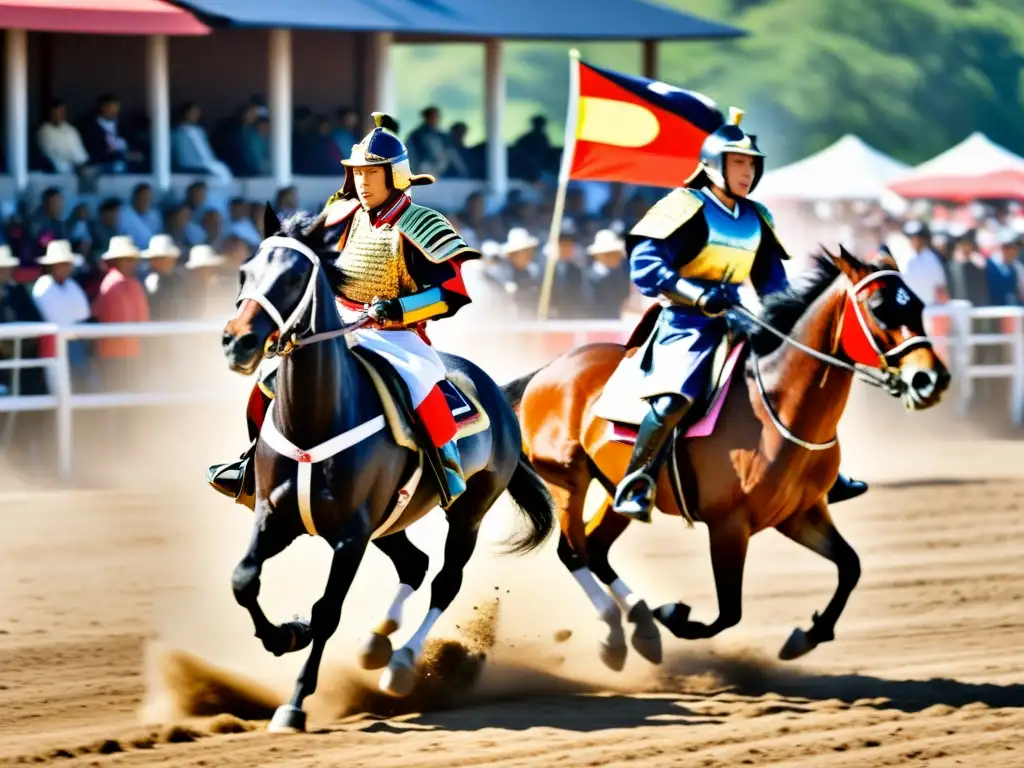 Emocionante carrera de armaduras Kacchu Keiba en Japón, con samuráis a caballo y una multitud animada