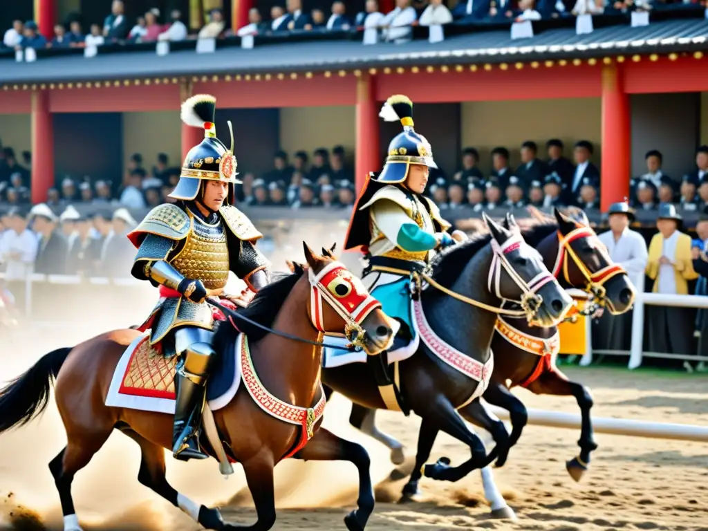 Emocionante carrera de Kacchu Keiba: armaduras samurái, caballos decorados y multitud animada en festival japonés