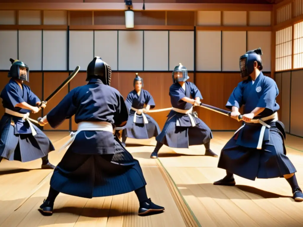 Un emocionante combate de kendo en un dojo iluminado por el sol, reflejando la importancia del Kendo en la cultura pop japonesa