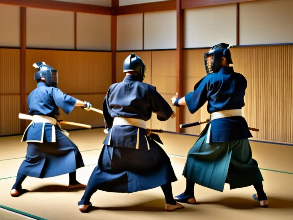 Un emocionante entrenamiento samurái en el siglo XXI: Practicantes de kendo en un dojo iluminado por el sol, con el sensei observando atentamente