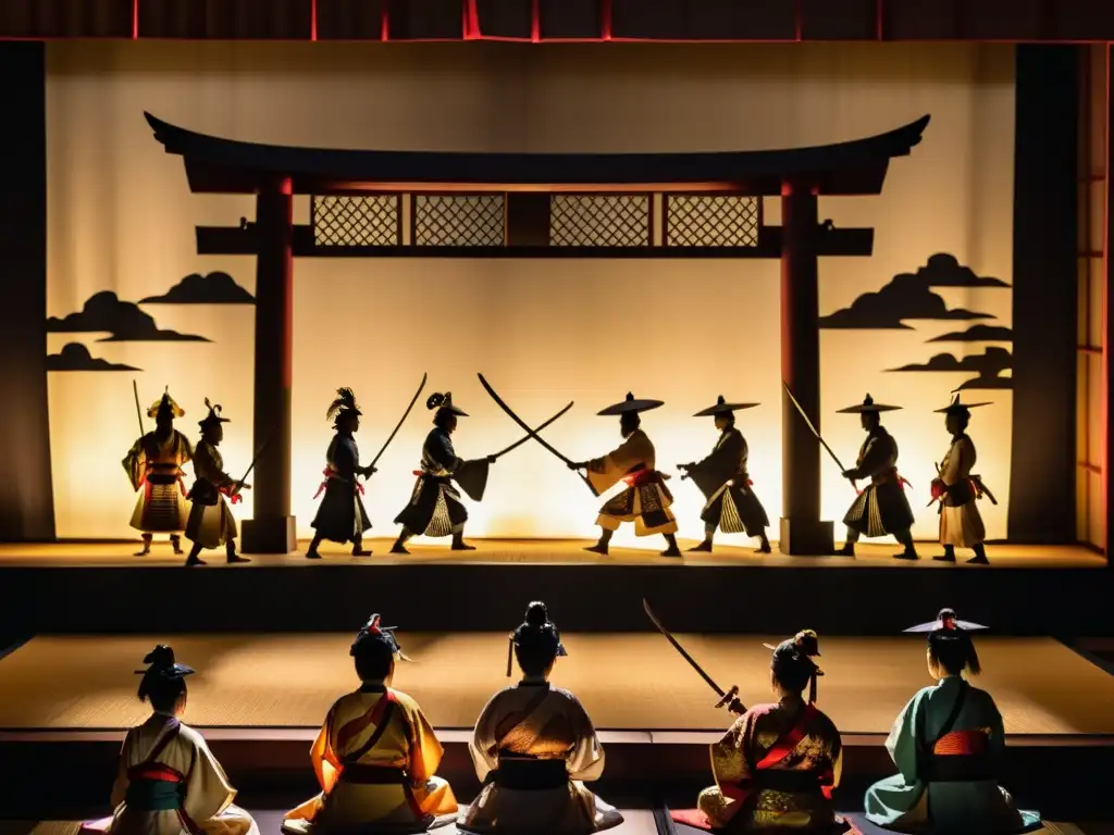 Emocionante representación de teatro de sombras japonés con presencia samurai en un ambiente tradicional y lleno de historia